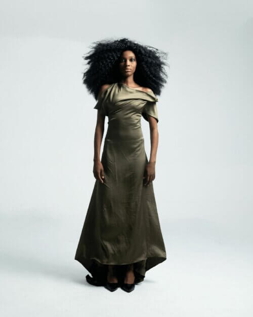 Draped Silk Dress with Exposed Backline and Distorted Neckline