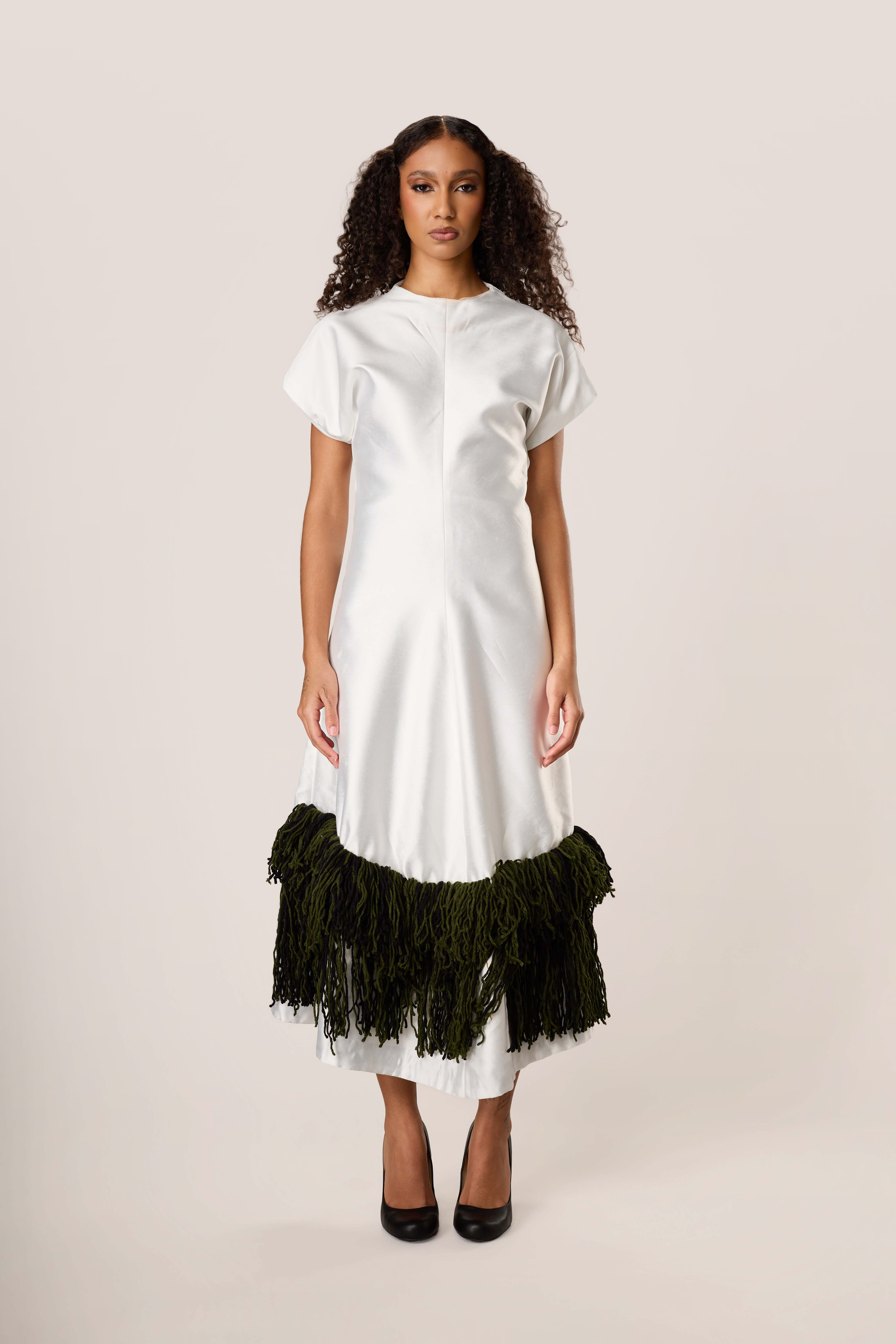 Ivory Midi Dress with Dark Green Fringe Hem