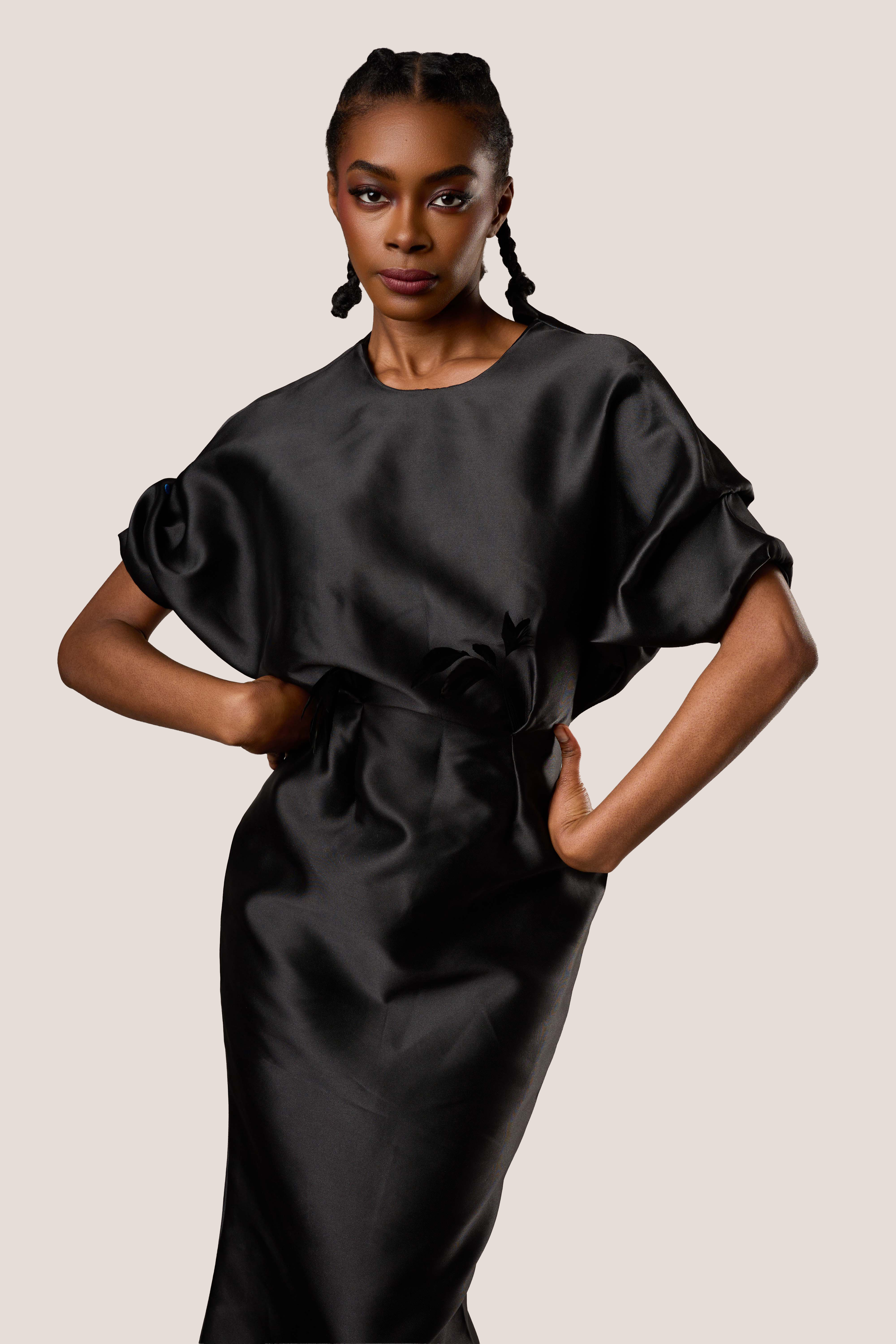 Black Kimono Column Gown with Studded Hem