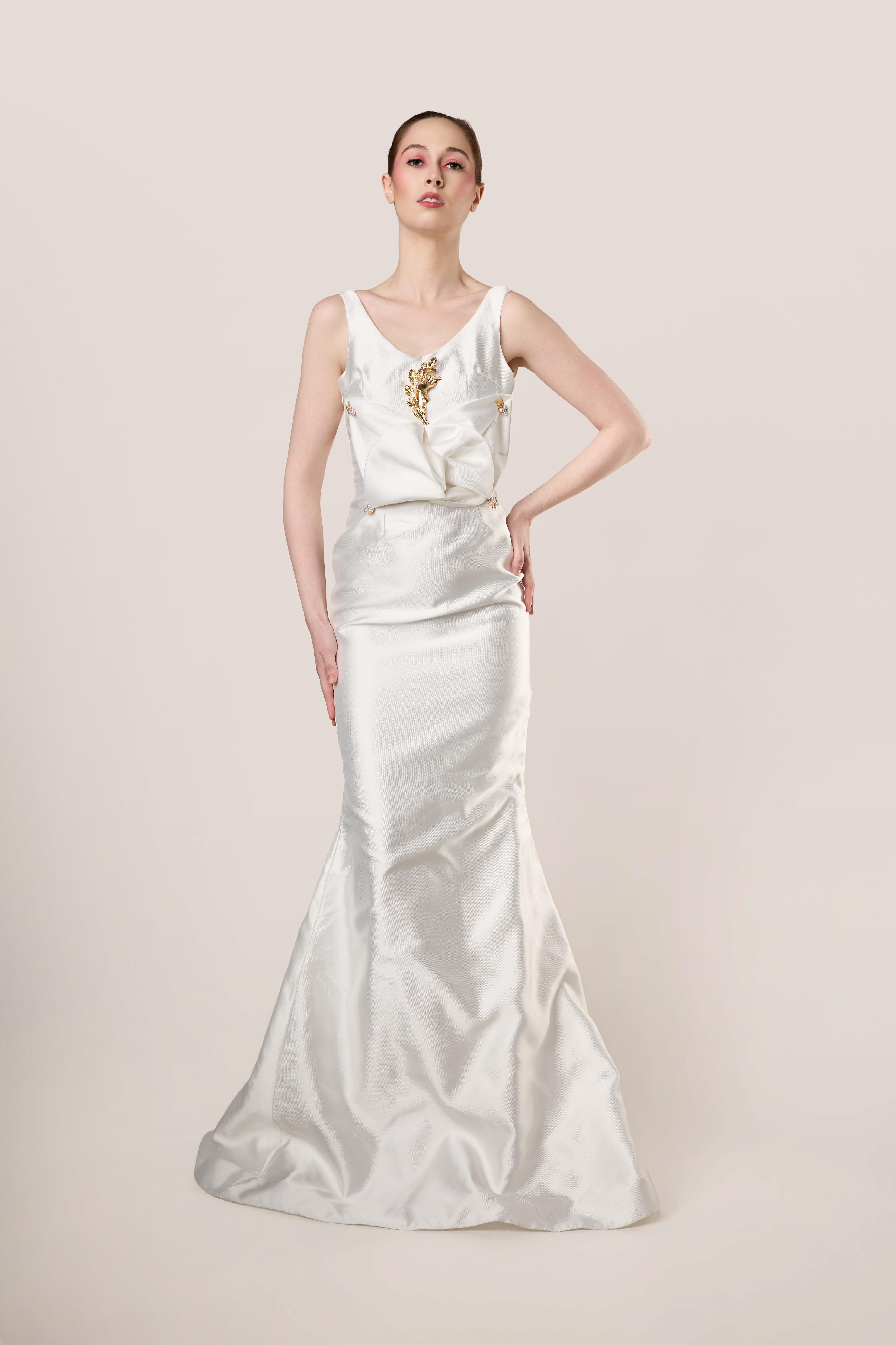 Open Back Column Gown with Gold Embellishment