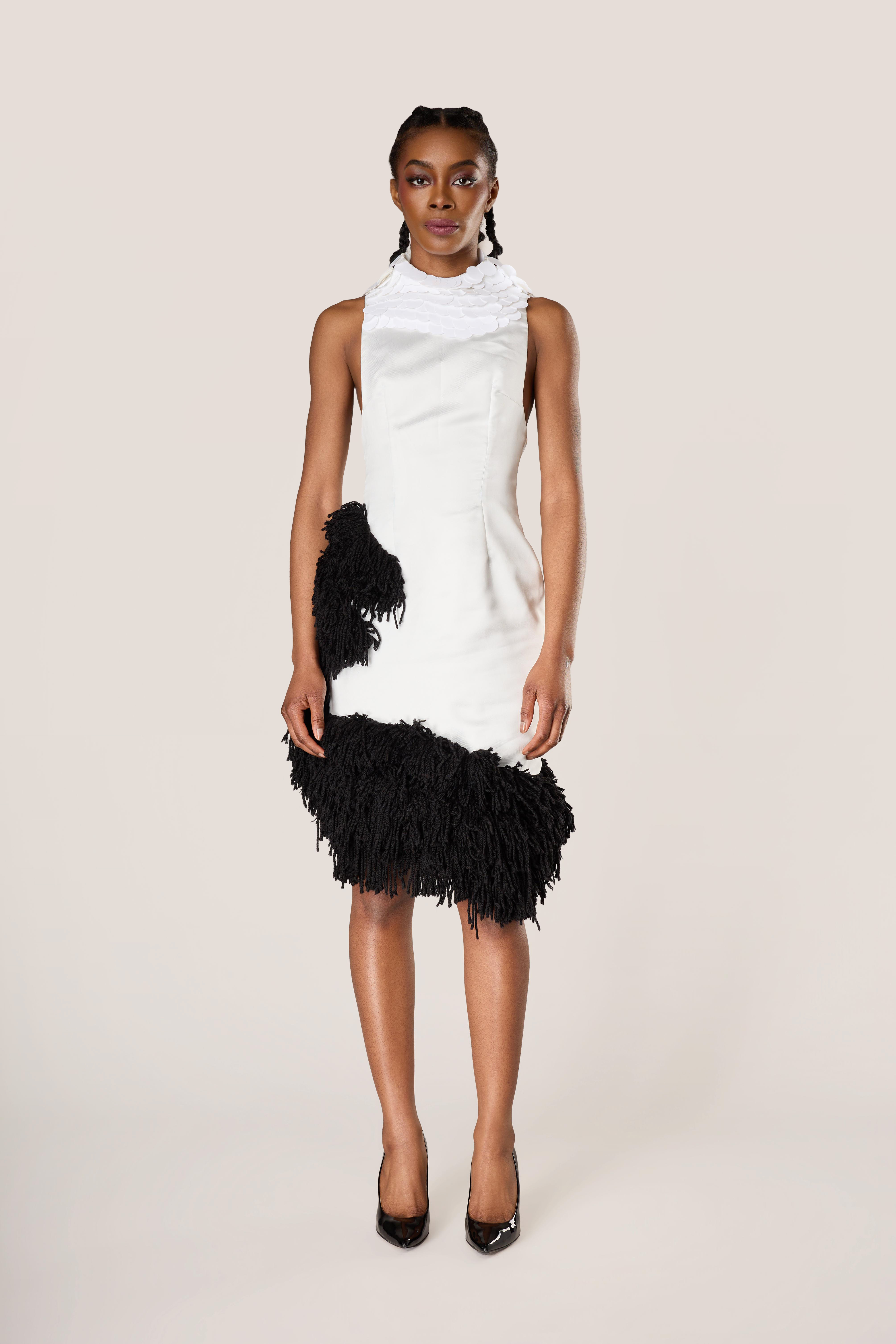 Ivory and Black Fringe Mini Dress with Scallop Collar