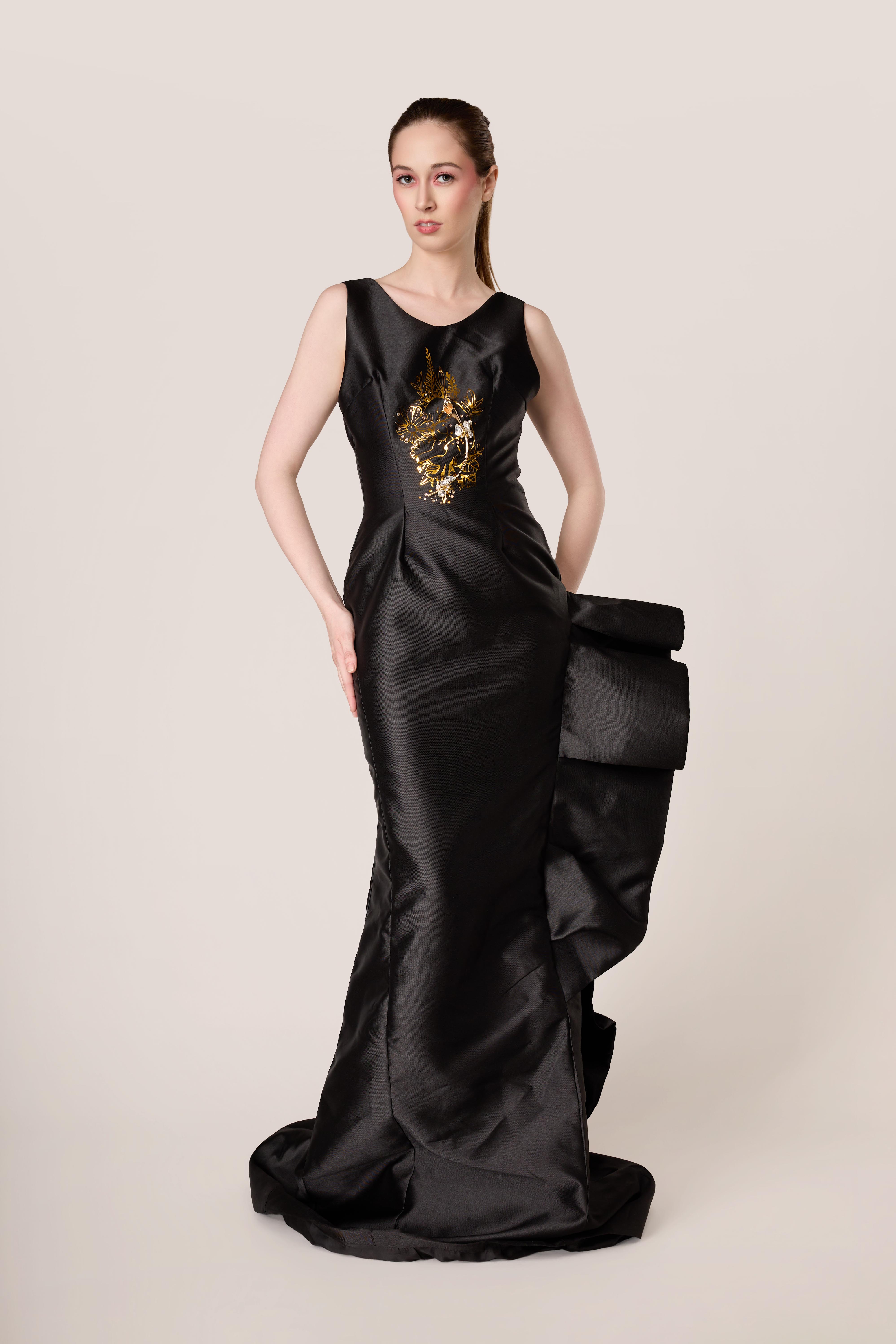 Black Draped Halter Gown with Tonal Hand Embroidery