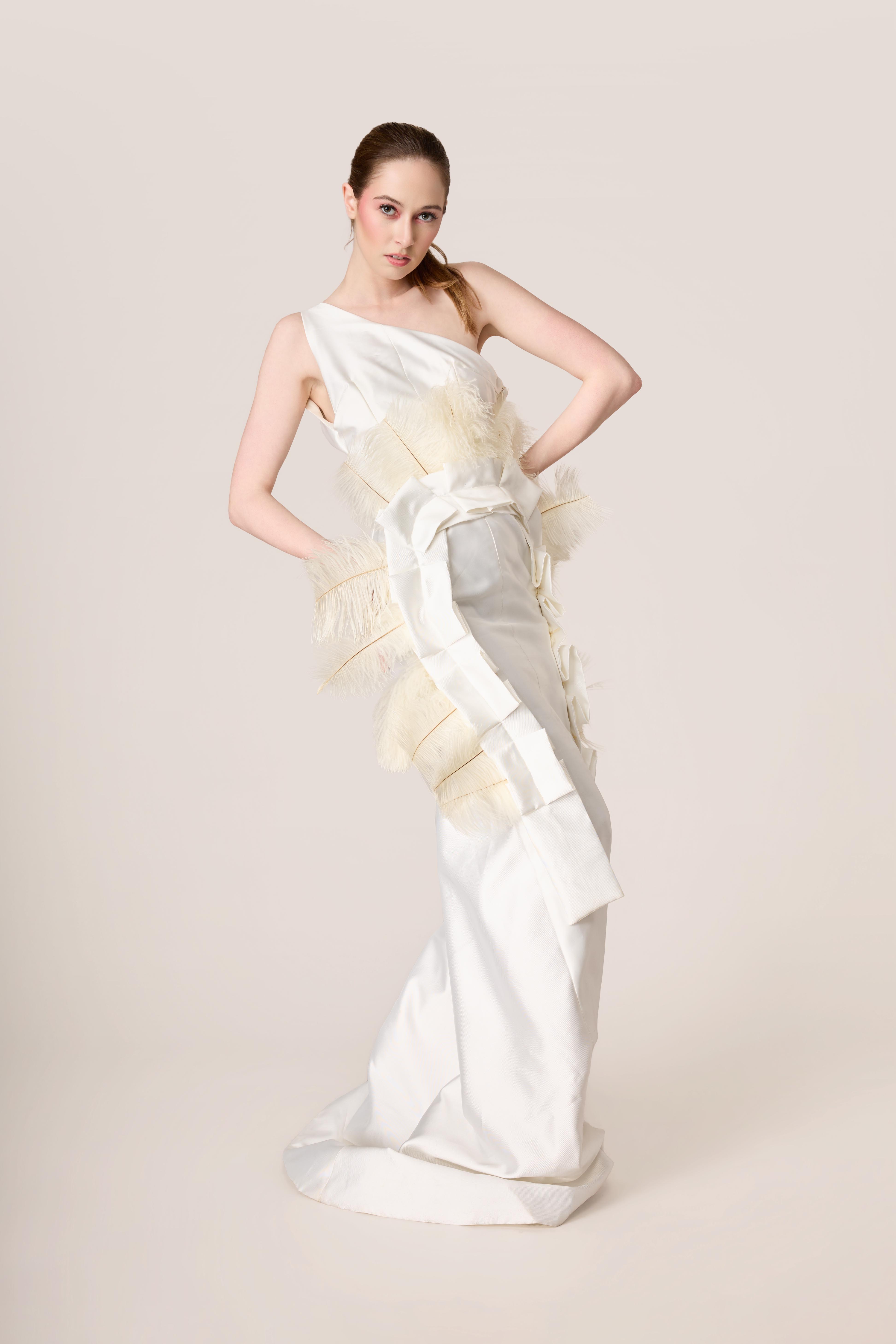 Ivory Column Gown with Featherwork Embroidery