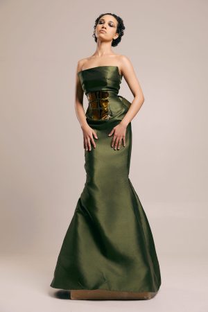 Forest Green Strapless Mermaid with Gold Belt
