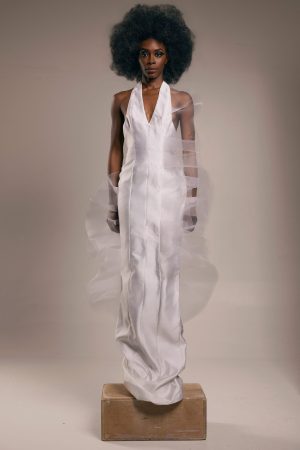 White Horsehair Halter Gown