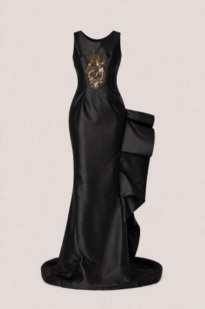 Black Draped Halter Gown with Tonal Hand Embroidery