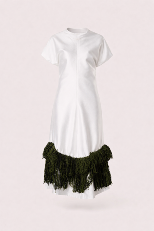 Ivory Midi Dress with Dark Green Fringe Hem