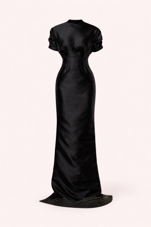 Black Kimono Column Gown with Studded Hem
