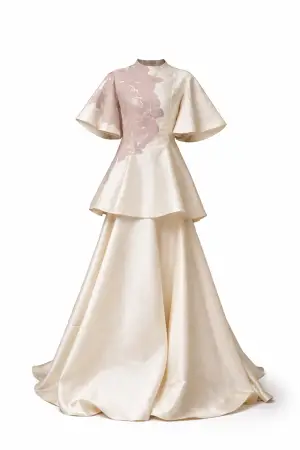 Cream and Mauve Print Peplum Top and Ball Skirt Set