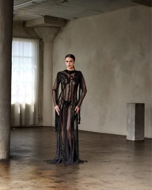 Black Mesh Cord Applique and Tassel Gown