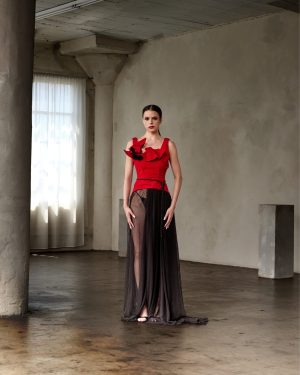 Red Velvet Sculptural Bodice Gown