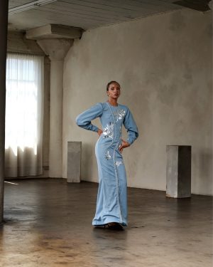 Powder Blue Bishop Sleeve Column Dress with Silver Leaf Applique