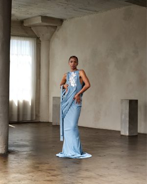 Powder Blue Asymmetric Draped Gown with Silver Floral Applique