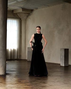 Black Velvet Open Back A-Line Gown with Wing Applique