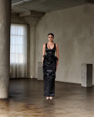 Black Mikado Column Dress with Deconstructed Hip Ruffle