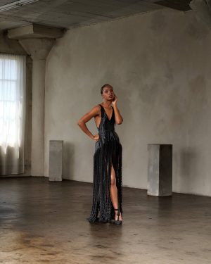 Black Hand-Beaded Fringe Gown