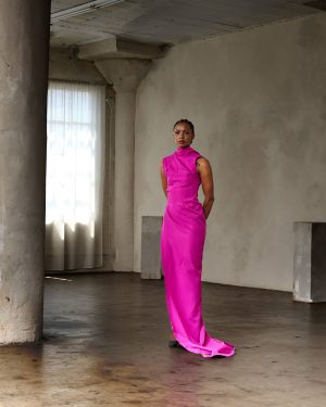Magenta Mock Neck Column Gown with Side-Knot