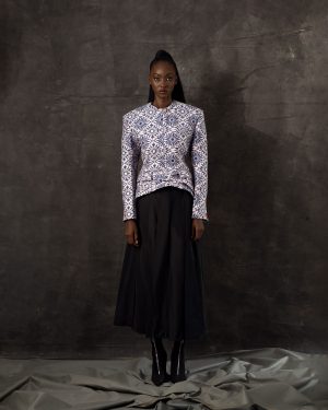 Floral Denim Jacket and Black Taffeta Skirt Set