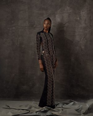 Crepe Fabric Long-Sleeve Gown