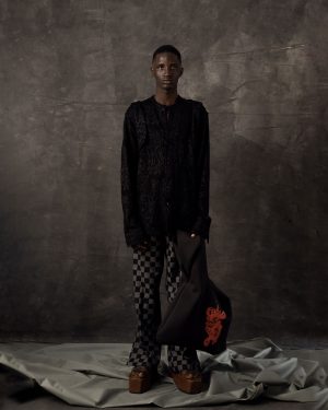 Black Lace Shirt with Checkerboard Cotton Trousers