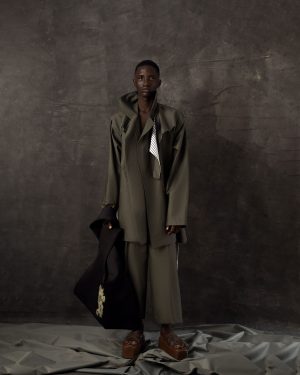 Olive Cotton Set with Asymmetric Detailing